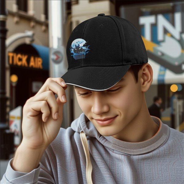 Black baseball cap with bat and full moon gothic graphic