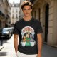 Olive green t-shirt with cat coffee cup graphic and playful text design