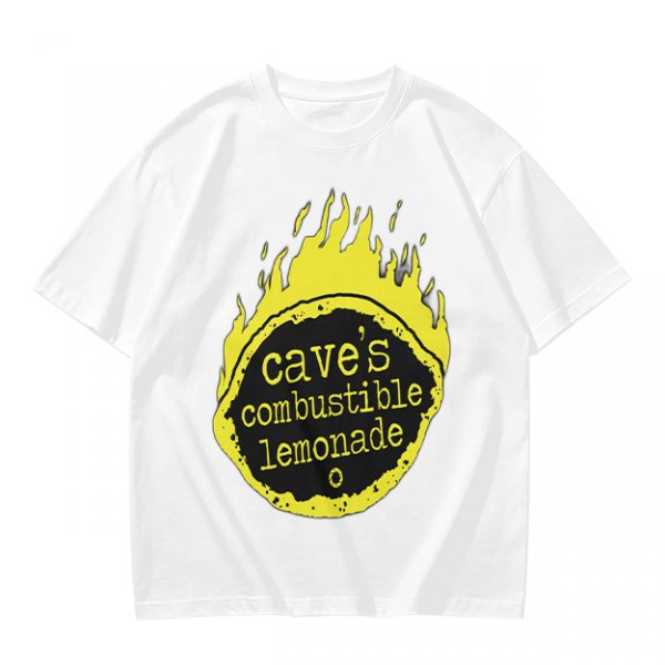 Olive t-shirt with cave's combustible lemonade flame graphic