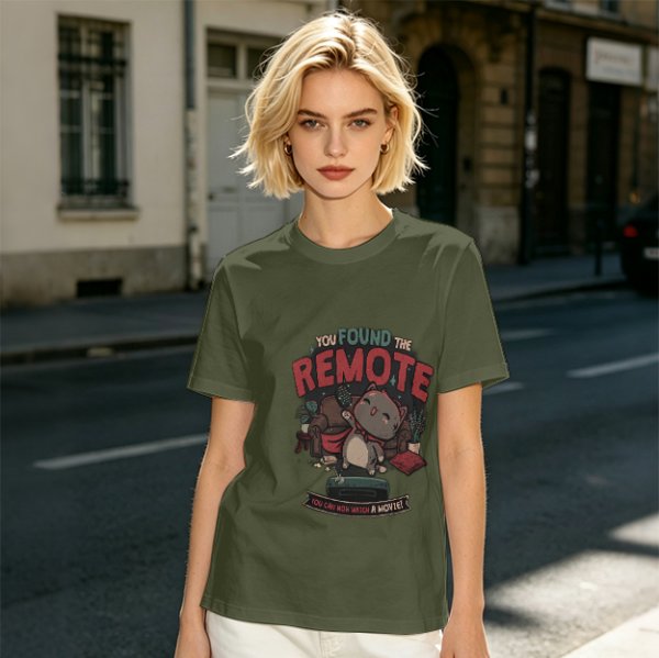 Olive t-shirt with cat graphic and 'You Found The Remote' movie text