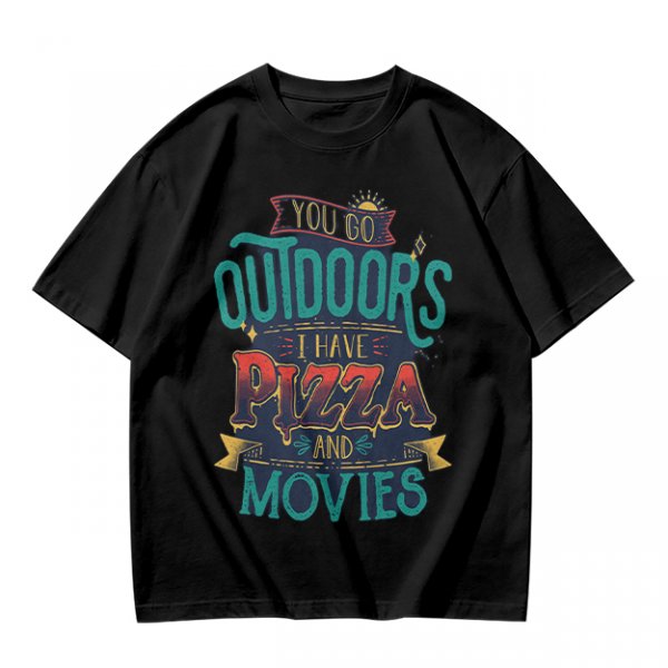Olive Graphic T-Shirt With 'You Go Outdoors I Have Pizza And Movies' Print