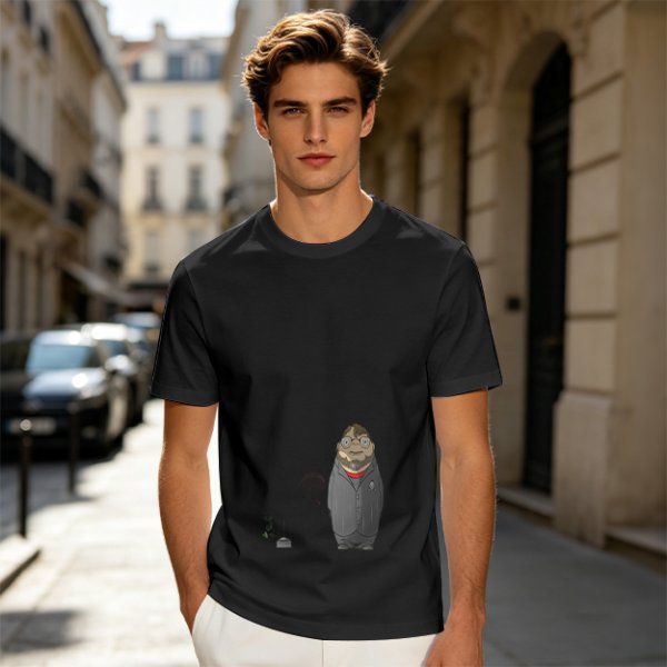 Olive Green T-Shirt With Chibi Bearded Man In Suit Graphic