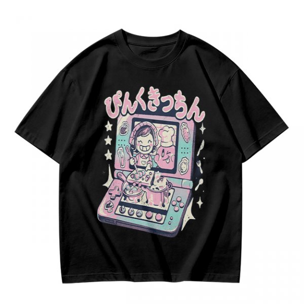 Olive green graphic t-shirt with cute handheld game kitchen art