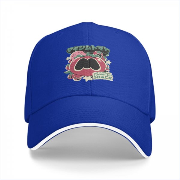 Black baseball cap with tomato power-up snack graphic