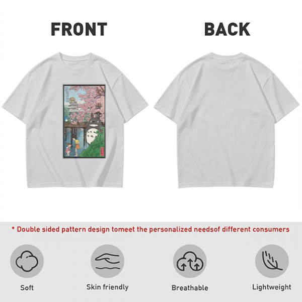 Olive T-shirt with Totoro cherry blossom Japanese woodblock print