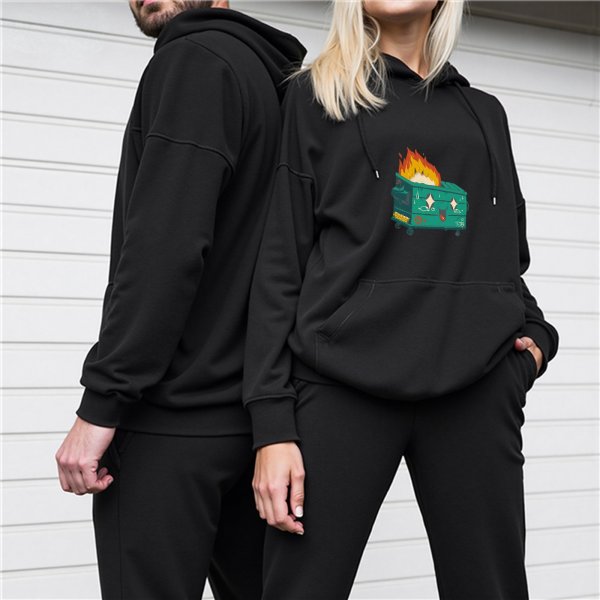Black Hoodie With Burning Dumpster Graphic Print