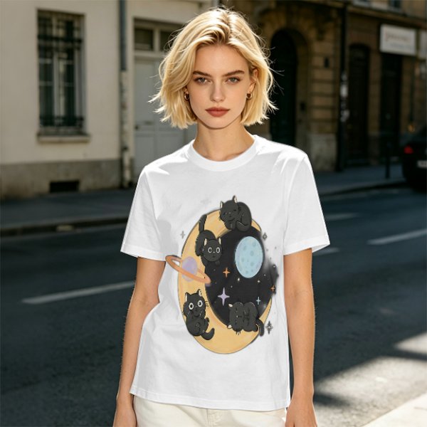 Olive T-Shirt With Black Cats On Crescent Moon Space Print