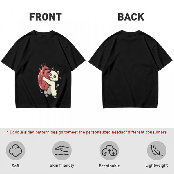 Olive T-Shirt With Cute White Cat Hugging Anatomical Heart Print