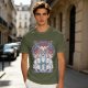 Olive green t-shirt with stained glass style forest spirit anime artwork