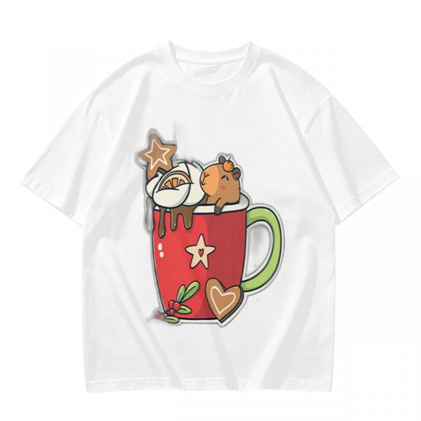 Olive T-Shirt With Cute Capybara In Christmas Hot Cocoa Mug Print
