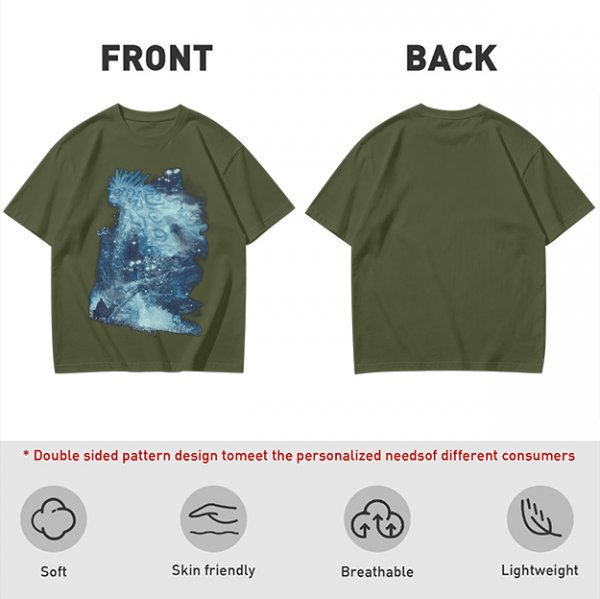 Olive Green T-Shirt With Abstract Blue Water-Inspired Print