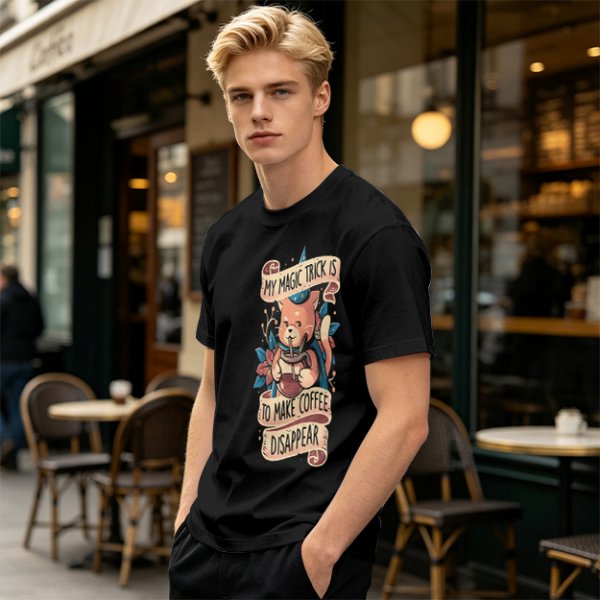 Olive t-shirt with a cat wizard making coffee disappear magic trick print
