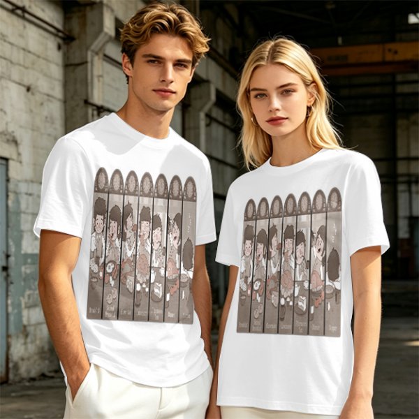 Olive Green T-Shirt with Cartoon Medieval Tavern Scene Print