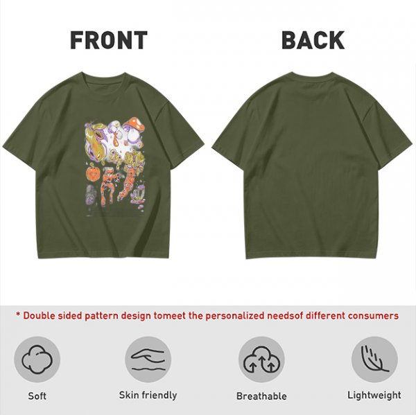 Olive Green T-Shirt With Surreal Mushroom And Vegetable Graphic Print