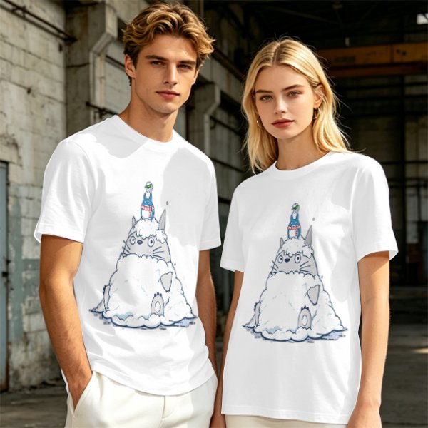 Olive T-shirt with Totoro in Snow and Small Blue Creature Print