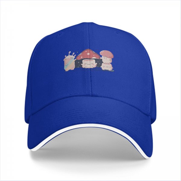 Black baseball cap with cute mushroom creature graphic print