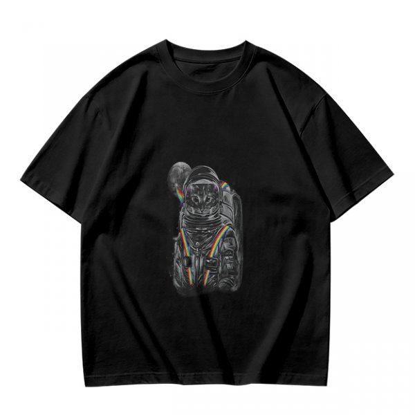 Olive T-Shirt With Astronaut Cat And Rainbow Accent Print