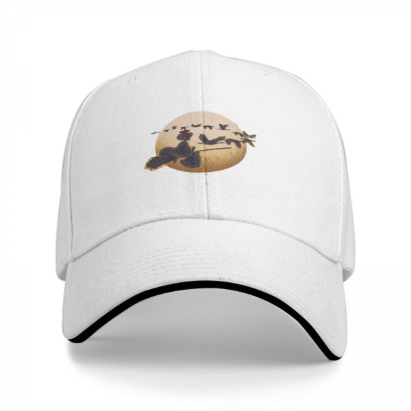 Black baseball cap with witch on broom silhouette against moon and birds
