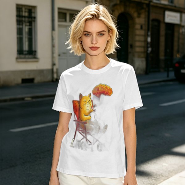 Olive T-Shirt Featuring a Relaxed Cat on a Chair with Fried Chicken Print