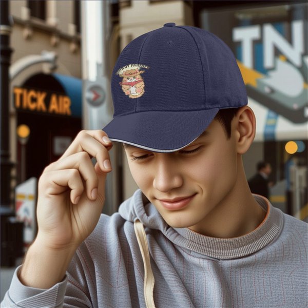 Black baseball cap with cute cowboy cat graphic and 'meowdy partner' text