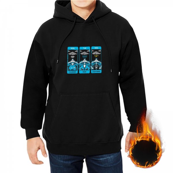 Black hoodie with three day weather tarot-style graphic print