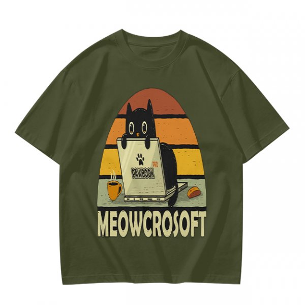 Olive t-shirt with black cat using laptop and Meowcrosoft text
