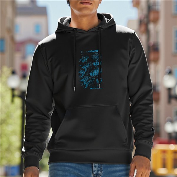 Black Hoodie With Blue Technical Graphic Print