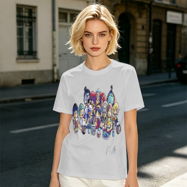Olive T-Shirt with Anime Character Group Coffee Print