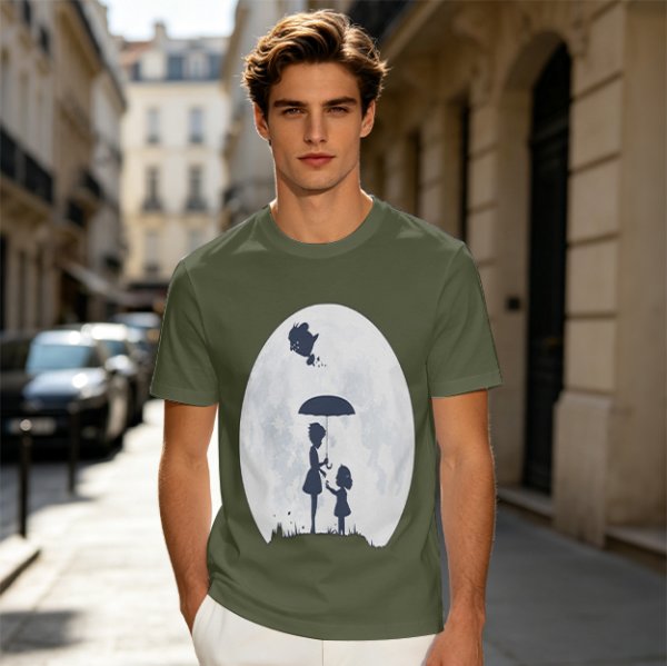 Olive T-Shirt With Moon Silhouette Of Two Children And Umbrella