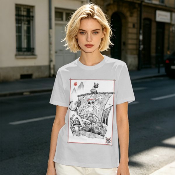 Olive T-shirt with Straw Hat Pirate Ship Art Print