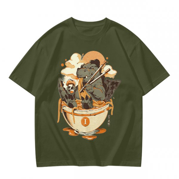 Olive T-Shirt Featuring Godzilla Eating Ramen Noodles