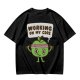 Olive green t-shirt with cartoon apple lifting dumbbells and 'Working on my core' text
