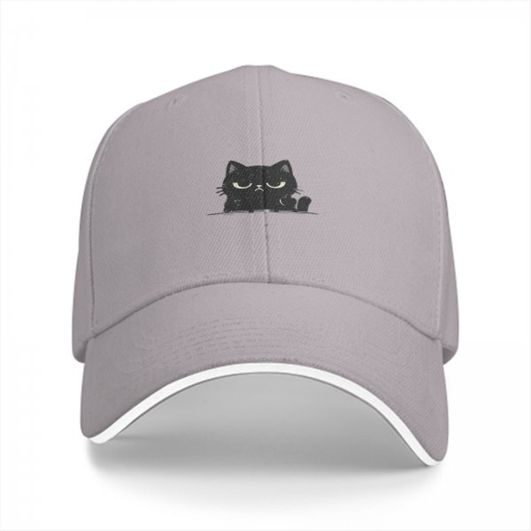 Black Baseball Cap With Grumpy Black Cat Graphic Design