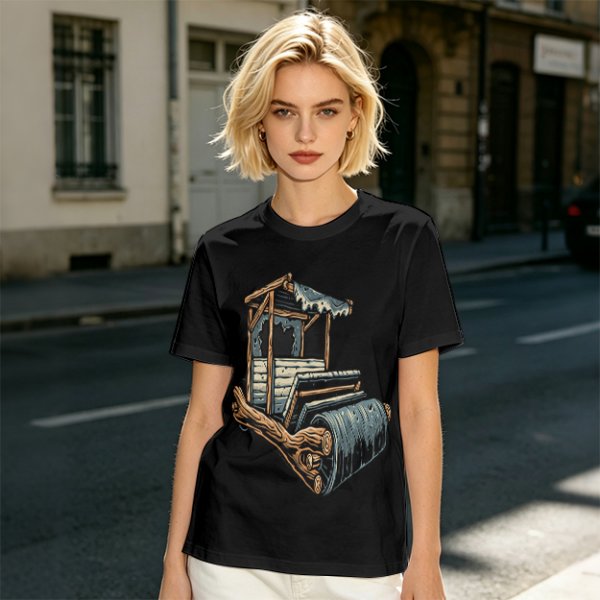 Olive T-Shirt With Rustic Wooden Cart Print