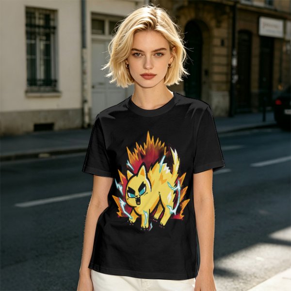 Olive T-Shirt With Super Saiyan Style Electric Cat Graphic