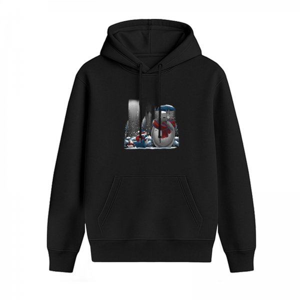 Black hoodie with winter snow scene graphic of a round character with red scarf