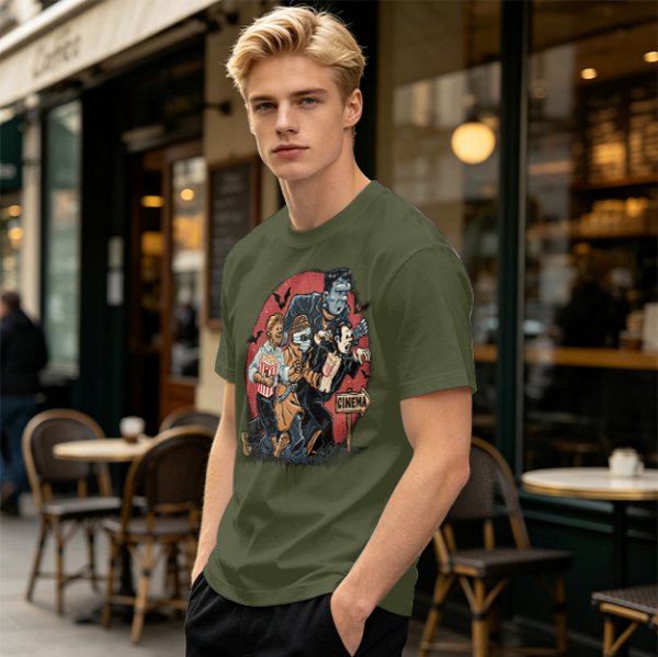 Olive T-Shirt with Classic Horror Monsters Going to Cinema Print