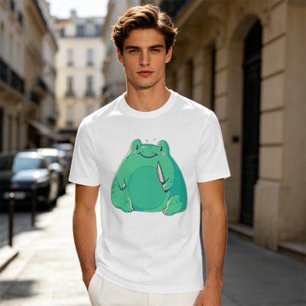 Olive Green T-Shirt With Cute Frog Holding Knife Graphic