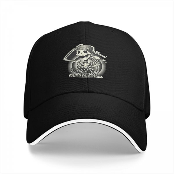 Black baseball cap with stressed skeleton graphic and crisis quote