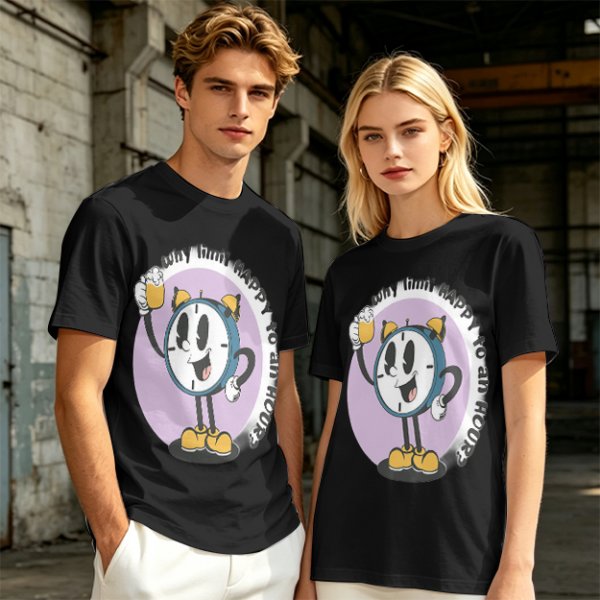 Olive T-Shirt With Cartoon Clock Holding Beer 'Happy Hour' Print