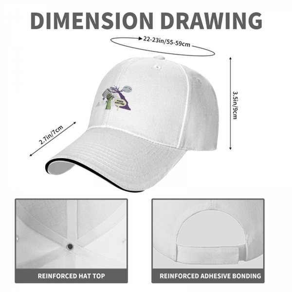 Black baseball cap with 'More Coffee!' monster graphic print