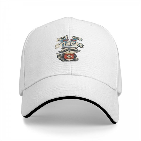 Black baseball cap with 'Just Here For The Snacks' raccoon graphic