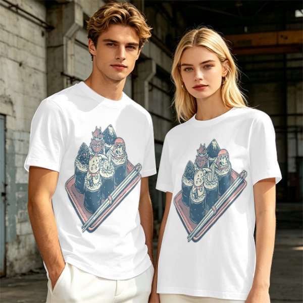 Olive T-Shirt With Sushi Themed Character Art Print