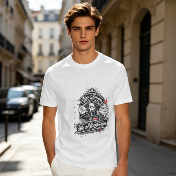 Olive green graphic t-shirt with horror ice cream themed print