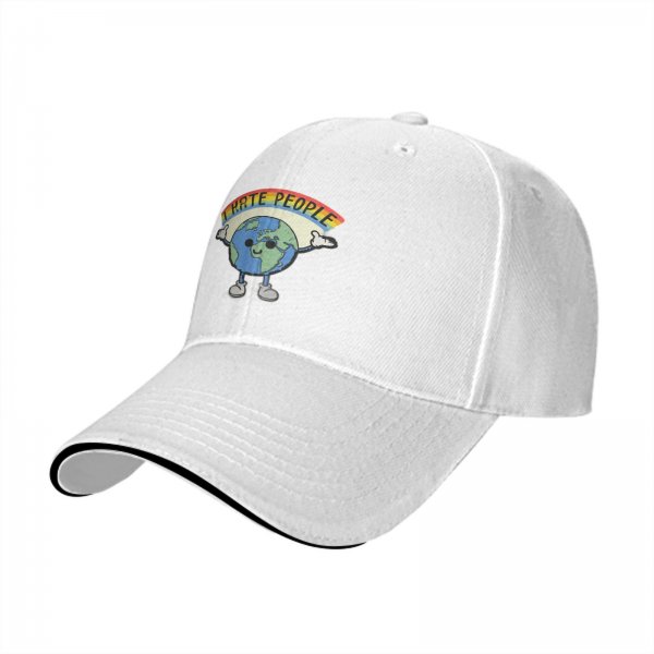Black baseball cap with cartoon Earth graphic and 'I HATE PEOPLE' text