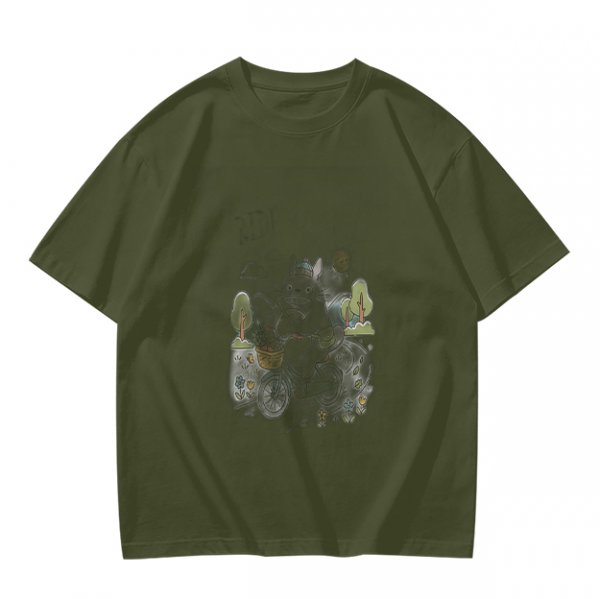 Olive Green Crewneck T-Shirt With Whimsical Graphic Print