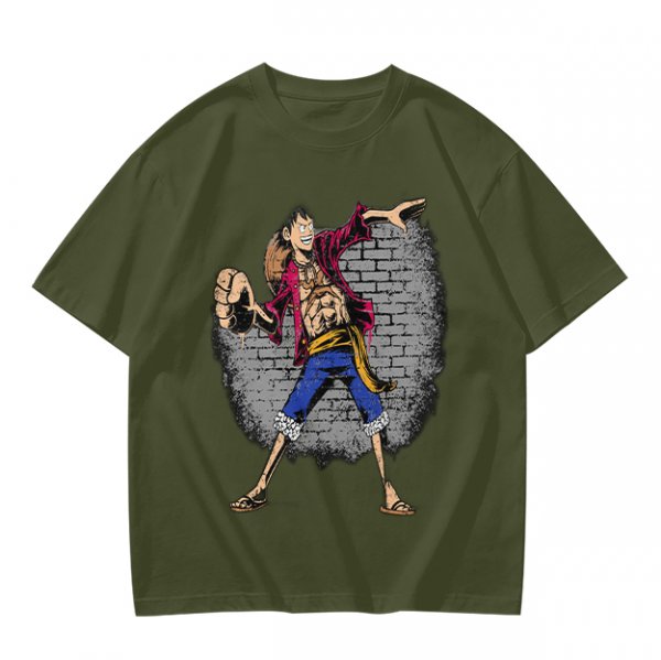 Olive T-Shirt with Monkey D Luffy Breaking Through Brick Wall Art