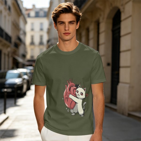 Olive T-Shirt With Cute White Cat Hugging Anatomical Heart Print