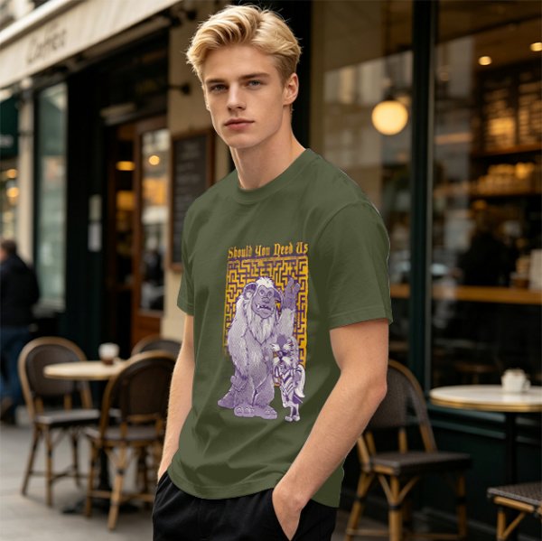 Olive graphic tee with maze and fantasy creatures reading Should You Need Us