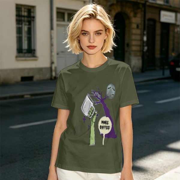 Olive Zombie Hand Holding Coffee Mug 'More Coffee!' Graphic T-Shirt